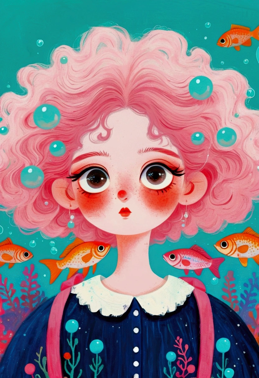 Pastel Art Illustration：A painting of a woman with fish in her hair,Bubbles，big eyes， (((#10: Fluffy Light Hair)))，Jin Nong&#39;s Surrealism, Winner of the Behance competition, Pop surrealism, Color illustrations, A beautiful artistic illustration, Colorfull illustration, Pop surrealism art style, Digital illustration style, Fantasy illustrations, Illustration Art, Magical surrealism, Digital fantasy illustration, Pop surrealism lowbrow art style,Solid color background