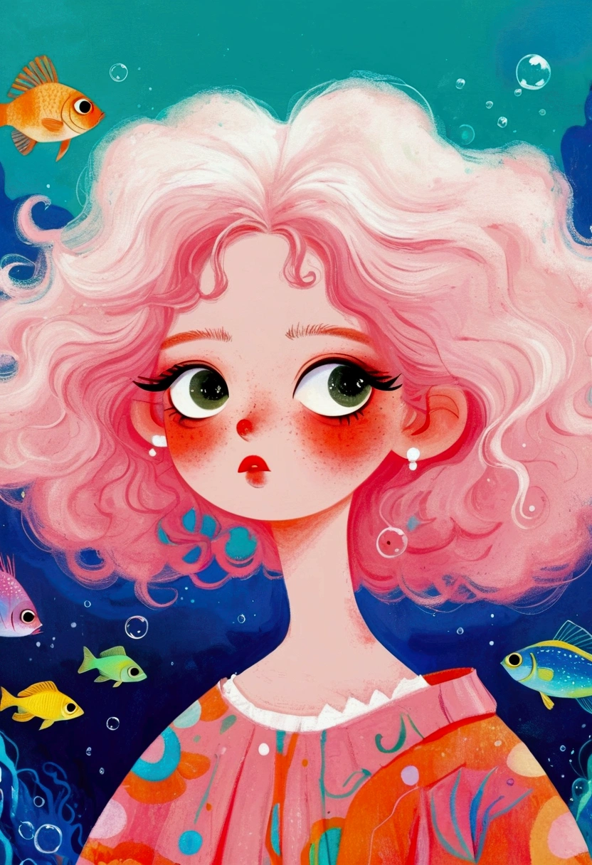 Pastel Art Illustration：A painting of a woman with fish in her hair,Bubbles，big eyes， (((#10: Fluffy Light Hair)))，Jin Nong&#39;s Surrealism, Winner of the Behance competition, Pop surrealism, Color illustrations, A beautiful artistic illustration, Colorfull illustration, Pop surrealism art style, Digital illustration style, Fantasy illustrations, Illustration Art, Magical surrealism, Digital fantasy illustration, Pop surrealism lowbrow art style,Solid color background