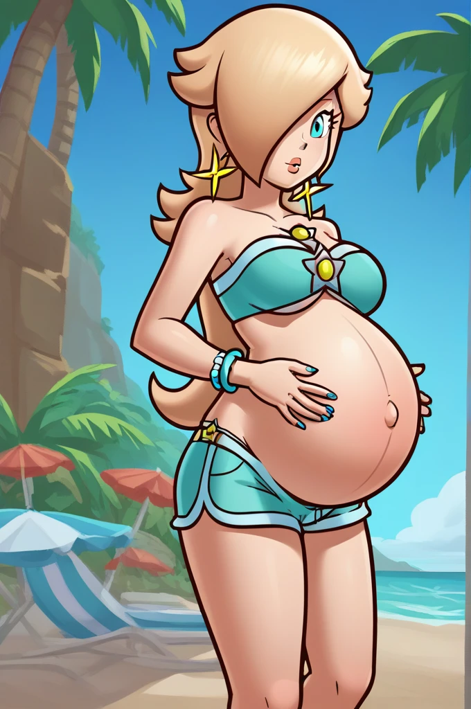 score_9, score_8_up, 1girl, solo, rosalina, style parody, thick outlines, bikini, shorts, pregnant belly, big belly, sleeveless, strapless, cleavage, indoors, beach, black nails, complete body, perfect, blue nails,