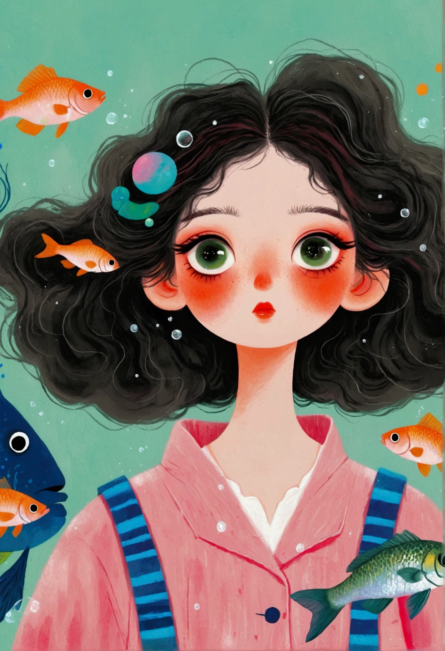 Pastel Art Illustration：A painting of a woman with fish in her hair,Bubbles，big eyes， (((#10: Fluffy Light Hair)))，Jin Nong&#39;s Surrealism, Winner of the Behance competition, Pop surrealism, Color illustrations, A beautiful artistic illustration, Colorfull illustration, Pop surrealism art style, Digital illustration style, Fantasy illustrations, Illustration Art, Magical surrealism, Digital fantasy illustration, Pop surrealism lowbrow art style,Solid color background