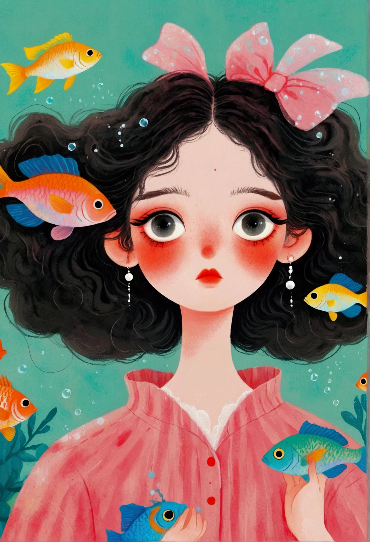 Pastel Art Illustration：A painting of a woman with fish in her hair,Bubbles，big eyes， (((#10: Fluffy Light Hair)))，Jin Nong&#39;s Surrealism, Winner of the Behance competition, Pop surrealism, Color illustrations, A beautiful artistic illustration, Colorfull illustration, Pop surrealism art style, Digital illustration style, Fantasy illustrations, Illustration Art, Magical surrealism, Digital fantasy illustration, Pop surrealism lowbrow art style,Solid color background