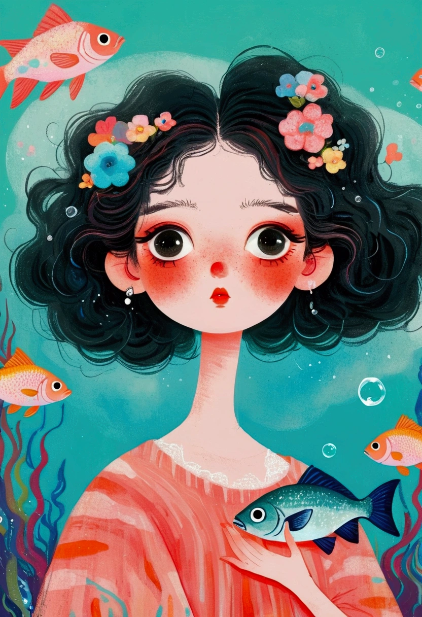 Pastel Art Illustration：A painting of a woman with fish in her hair,Bubbles，big eyes， (((#10: Fluffy Light Hair)))，Jin Nong&#39;s Surrealism, Winner of the Behance competition, Pop surrealism, Color illustrations, A beautiful artistic illustration, Colorfull illustration, Pop surrealism art style, Digital illustration style, Fantasy illustrations, Illustration Art, Magical surrealism, Digital fantasy illustration, Pop surrealism lowbrow art style,Solid color background
