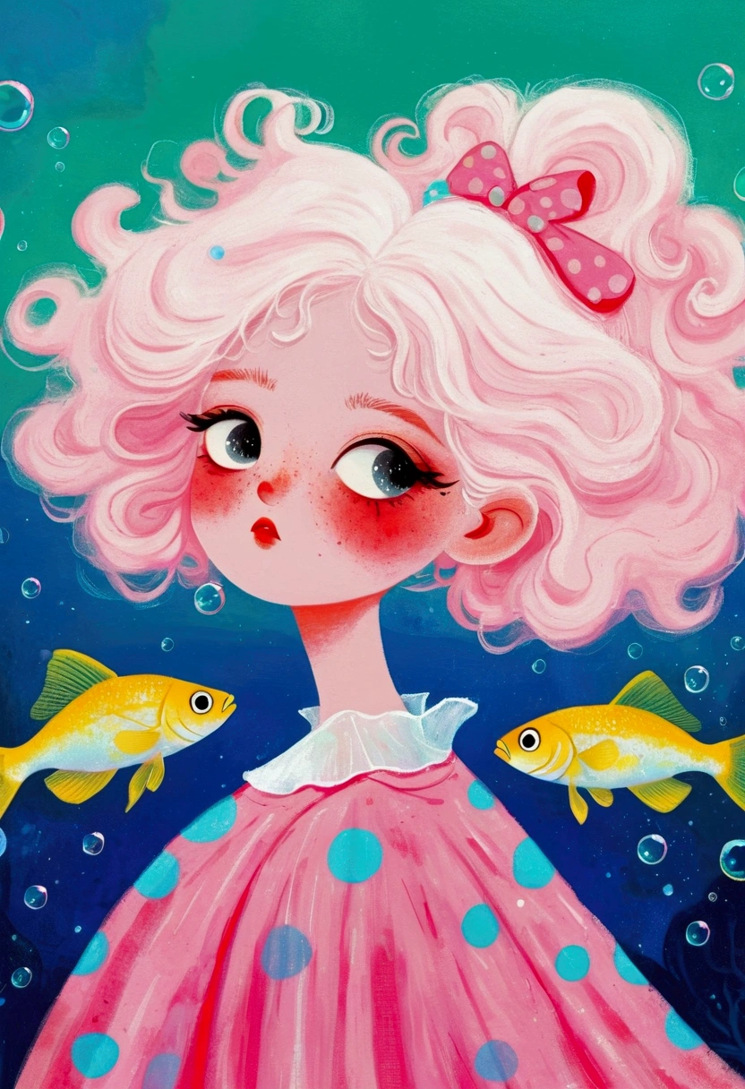 Pastel Art Illustration:A painting of a woman with fish in her hair,Bubbles,big eyes, (((#10: Fluffy Light Hair))),Jin Nong's Surrealism, Winner of the Behance competition, Pop surrealism, Color illustrations, A beautiful artistic illustration, Colorfull illustration, Pop surrealism art style, Digital illustration style, Fantasy illustrations, Illustration Art, Magical surrealism, Digital fantasy illustration, Pop surrealism lowbrow art style,Solid color background