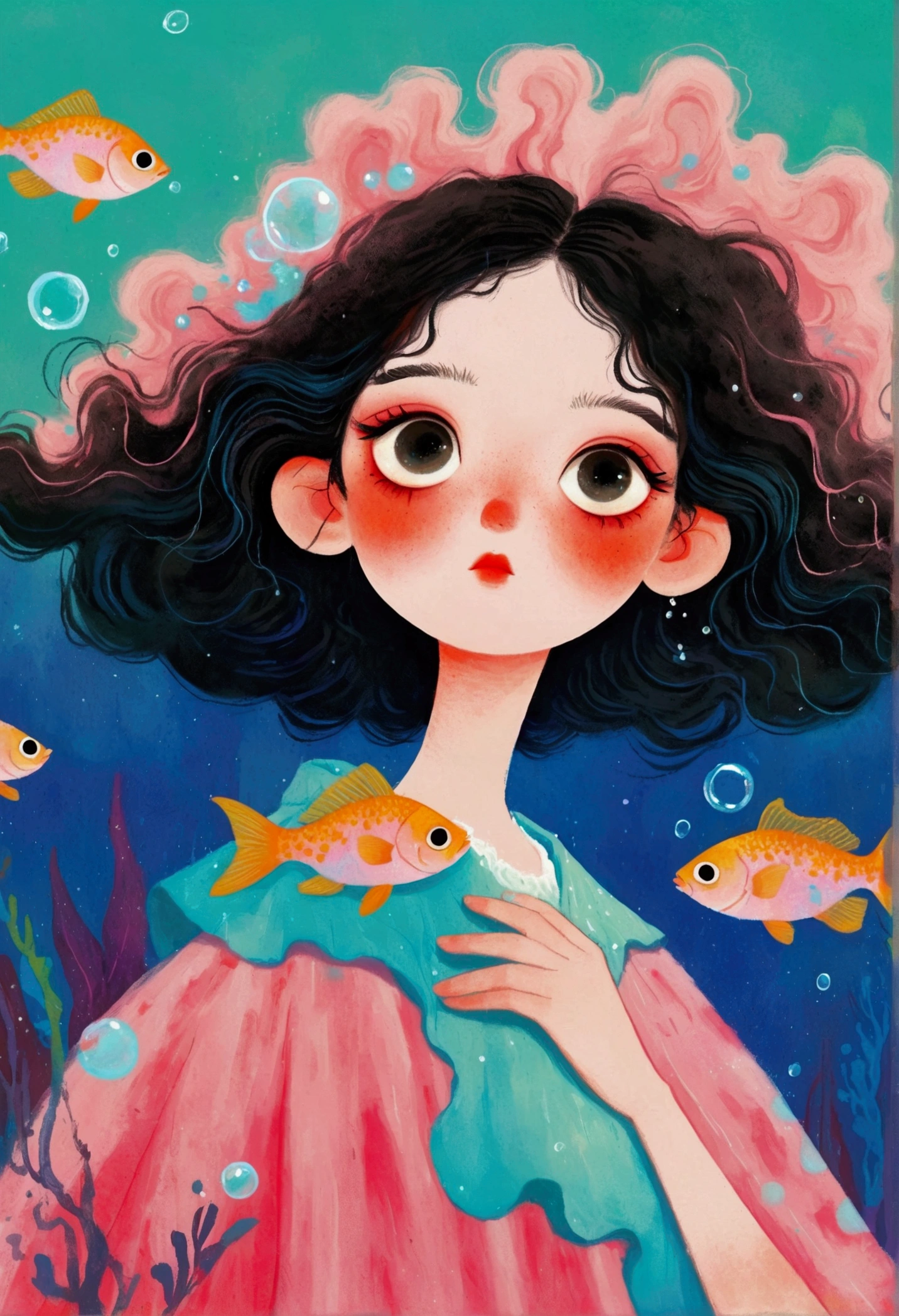 Pastel Art Illustration:A painting of a woman with fish in her hair,Bubbles,big eyes, (((#10: Fluffy Light Hair))),Jin Nong's Surrealism, Winner of the Behance competition, Pop surrealism, Color illustrations, A beautiful artistic illustration, Colorfull illustration, Pop surrealism art style, Digital illustration style, Fantasy illustrations, Illustration Art, Magical surrealism, Digital fantasy illustration, Pop surrealism lowbrow art style,Solid color background
