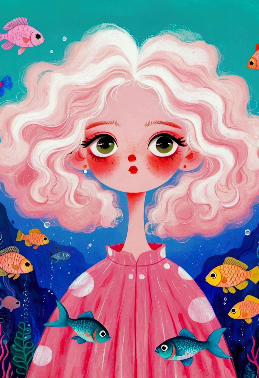 Pastel Art Illustration:A painting of a woman with fish in her hair,Bubbles,big eyes, (((#10: Fluffy Light Hair))),Jin Nong's Surrealism, Winner of the Behance competition, Pop surrealism, Color illustrations, A beautiful artistic illustration, Colorfull illustration, Pop surrealism art style, Digital illustration style, Fantasy illustrations, Illustration Art, Magical surrealism, Digital fantasy illustration, Pop surrealism lowbrow art style,Solid color background