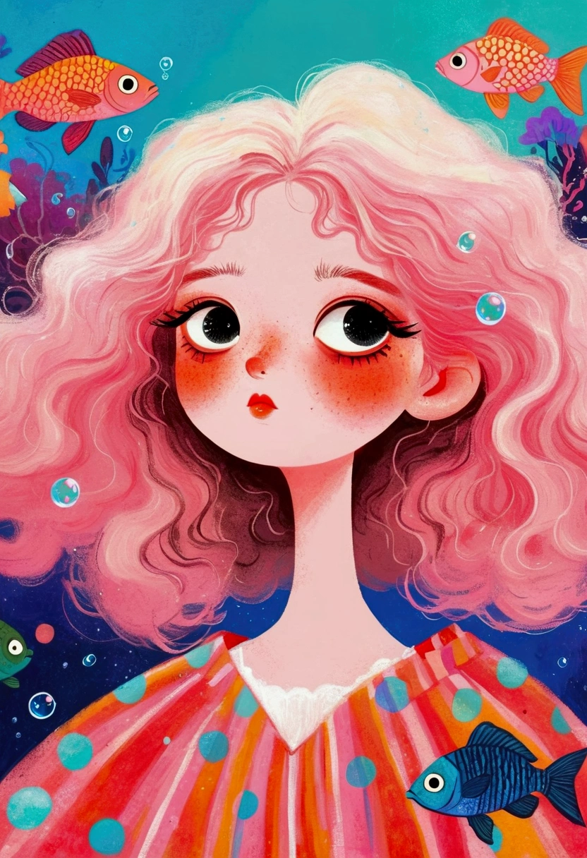 Pastel Art Illustration：A painting of a woman with fish in her hair,Bubbles，big eyes， (((#10: Fluffy Light Hair)))，Jin Nong&#39;s Surrealism, Winner of the Behance competition, Pop surrealism, Color illustrations, A beautiful artistic illustration, Colorfull illustration, Pop surrealism art style, Digital illustration style, Fantasy illustrations, Illustration Art, Magical surrealism, Digital fantasy illustration, Pop surrealism lowbrow art style,Solid color background