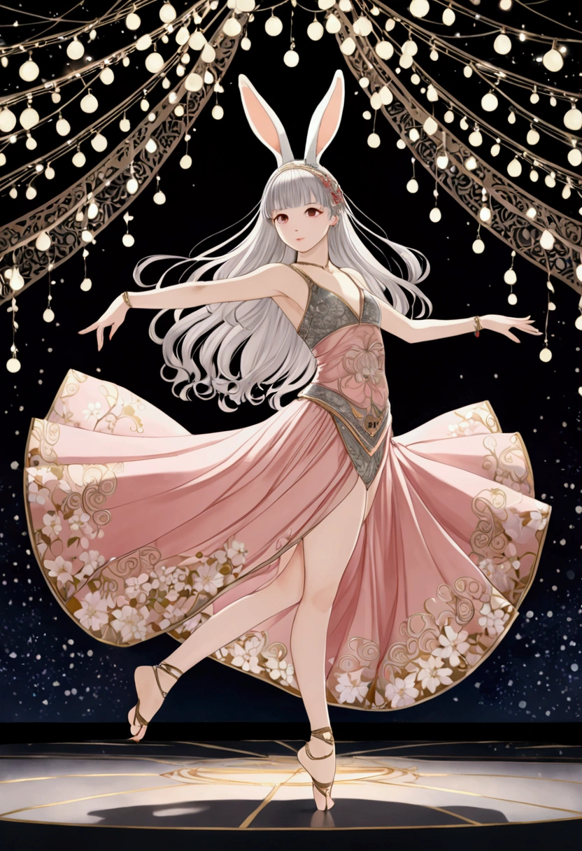 ((Inspired by Takato Yamamoto)),Lovely(1 Dancer:1.3), fluffy rabbit ears, Light pink eyes, Silver long hair, Floating clothes, Charming pose, stage, Pastel colors,Bright Lights, (Extremely detailed CG 8k wallpaper), (masterpiece), best quality