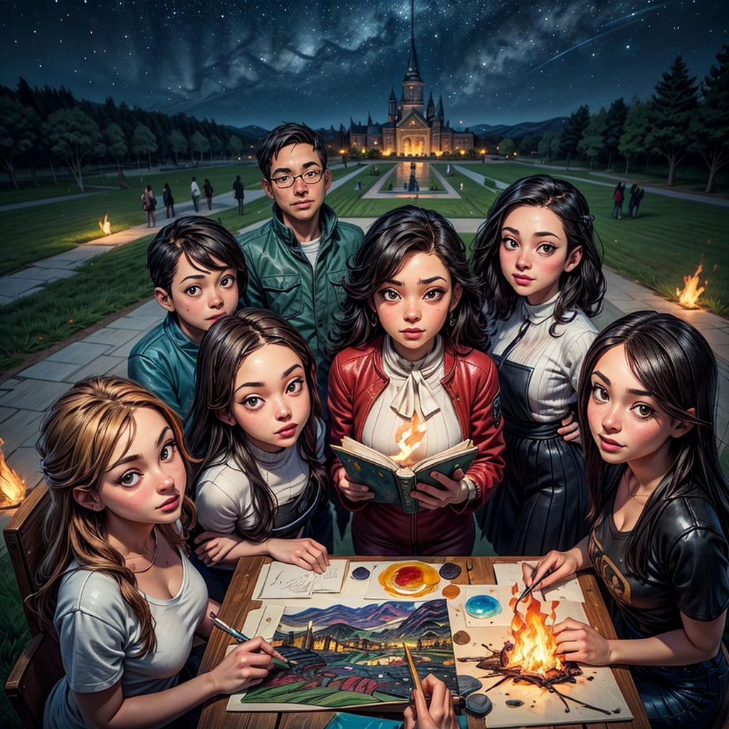 2D stylized image of artists at a park, adults, grown people. reading, writing, painting, creating sculptures, friends, fun, inspirational, masterpiece, seen from above, many diverse people, different races and styles, fantastical looking, bird eye view, playing with fire, starry night, magical, making art, painting together, canvases, 4 people