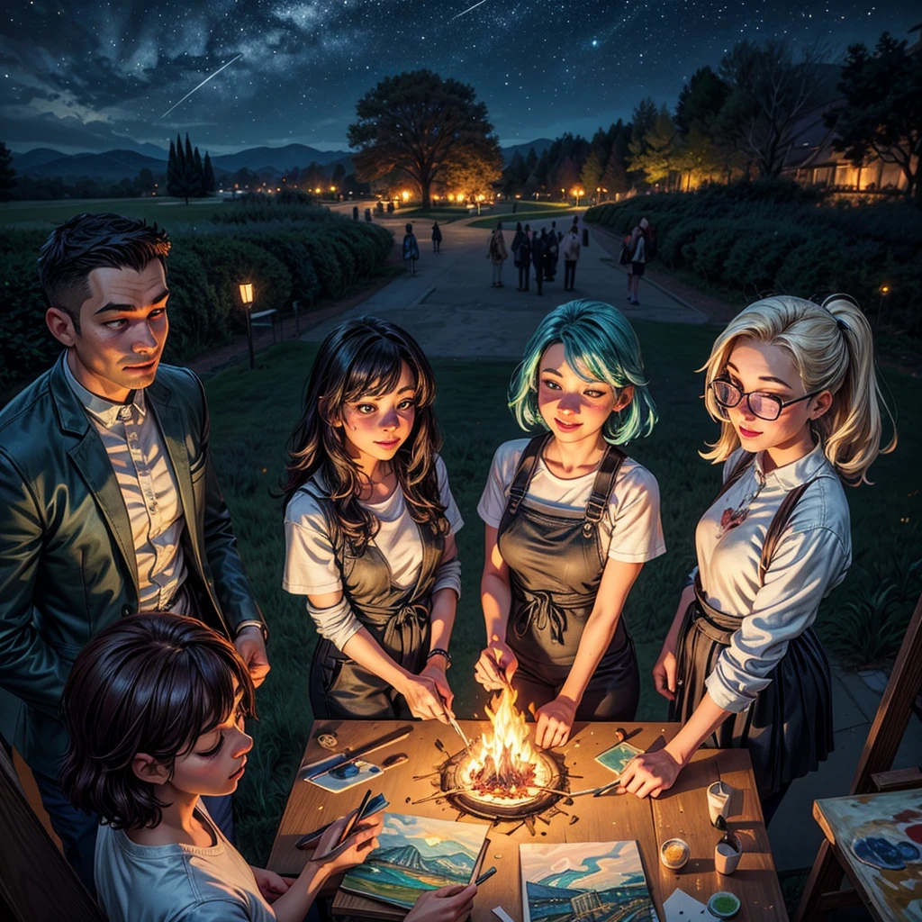 2D stylized image of artists at a park, adults, grown people. reading, writing, painting, creating sculptures, friends, fun, inspirational, masterpiece, seen from above, many diverse people, different races and styles, fantastical looking, bird eye view, playing with fire, starry night, magical, making art, painting together, canvases, 4 people