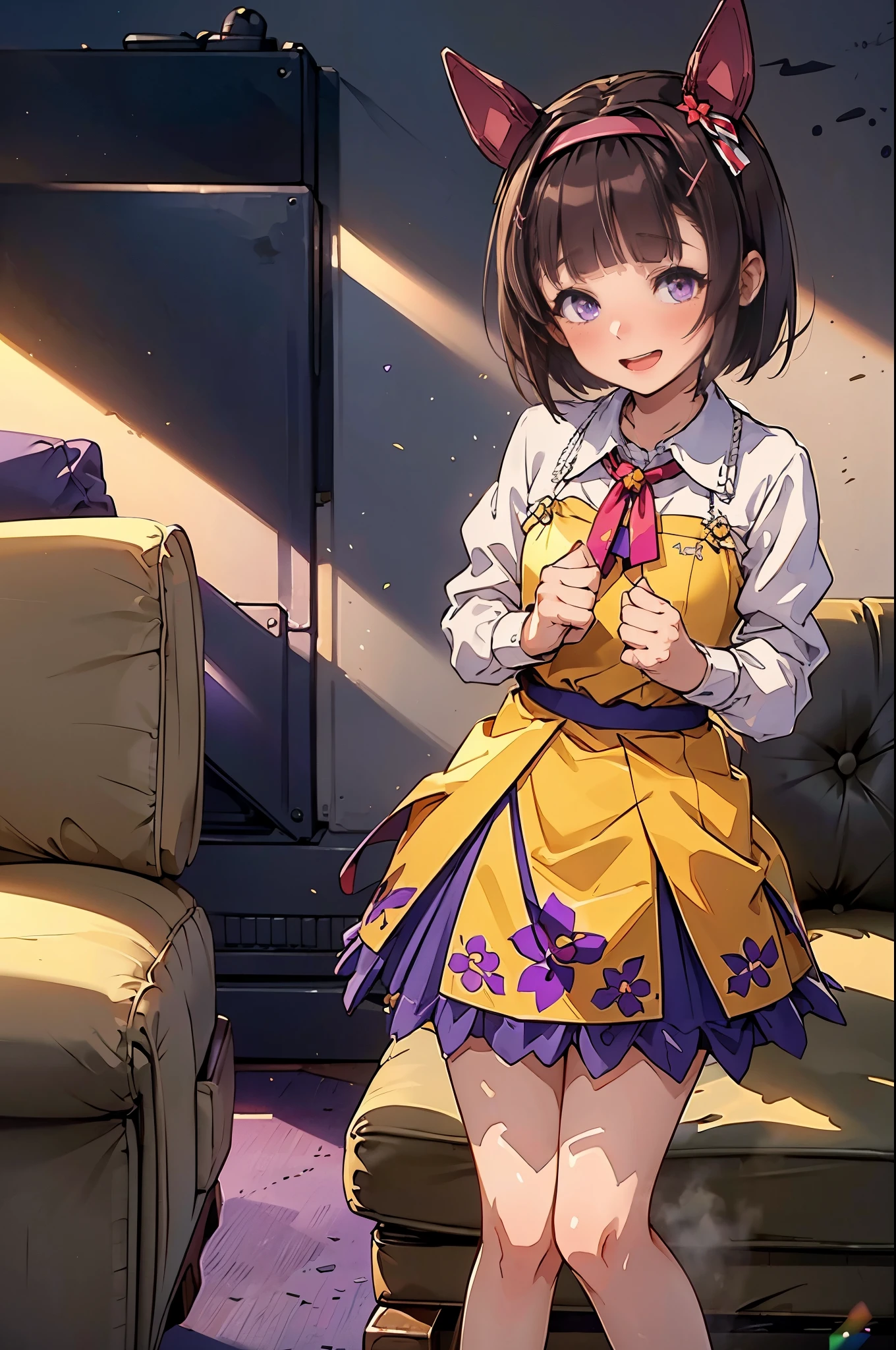 Highest quality, masterpiece, High resolution,((Perfect hands, Perfect Legs, Perfect Anatomy)), (indoor, office, living room), Pull up the dress,Revealing clothing,Uma Musume,Nishino Flower,short hair,Red headband,Beautiful purple eyes,Purple and yellow dress,ribbon,,,Curvaceous,garden,smile with open mouth,blush,Embarrassed face,Small breasts,smile,Skirt Lift,  ,((panties))((Squat)), Open your thighs