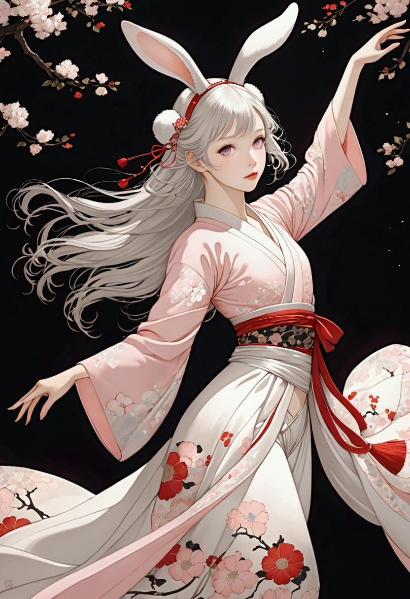 ((Inspired by Takato Yamamoto))，Lovely(1 Dancer:1.3), fluffy rabbit ears, Light pink eyes, Silver long hair, Floating clothes, Charming pose, stage, Pastel colors,Bright Lights, (Extremely detailed CG 8k wallpaper), (masterpiece), best quality