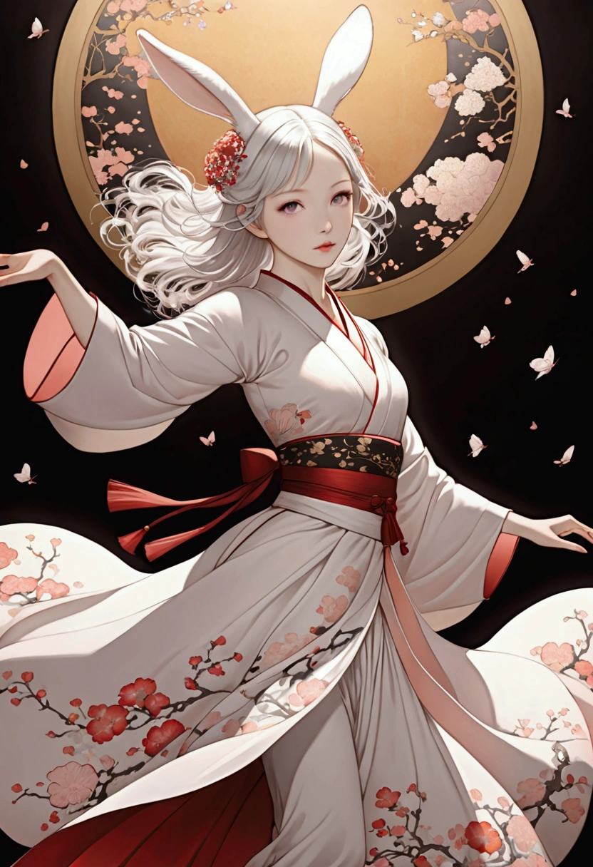 ((Inspired by Takato Yamamoto))，Lovely(1 Dancer:1.3), fluffy rabbit ears, Light pink eyes, Silver long hair, Floating clothes, Charming pose, stage, Pastel colors,Bright Lights, (Extremely detailed CG 8k wallpaper), (masterpiece), best quality