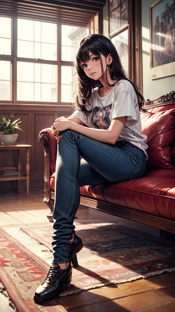 One girl,alone,Highest quality, masterpiece, 8k,born photograph, photograph (object), Very detailed, born,Realistic,Sitting, View your viewers,jeans,White T-shirt,Long Hair,Black Hair, sofa,