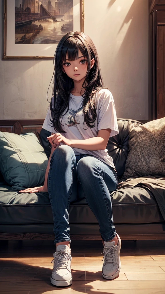 One girl,alone,Highest quality, masterpiece, 8k,born photograph, photograph (object), Very detailed, born,Realistic,Sitting, View your viewers,jeans,White T-shirt,Long Hair,Black Hair, sofa,