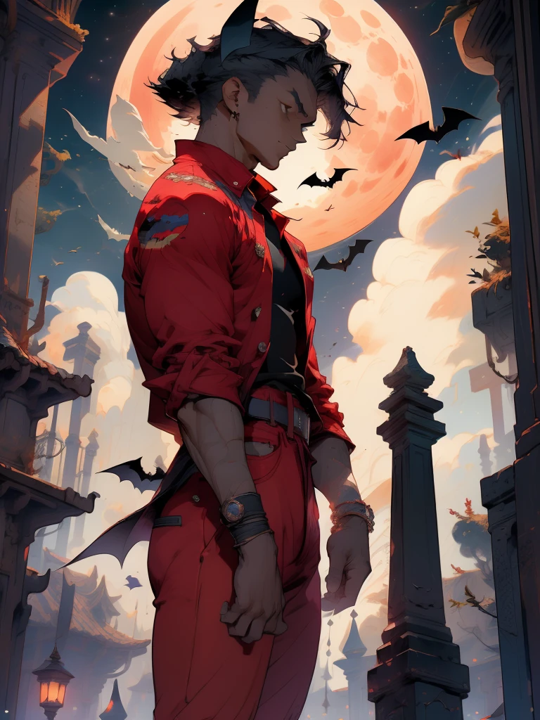 moon, full moon, bat, night, solo, 1boy, male focus, sky, red shirt, bird, dark skin, night sky, graveyard, red pants, moonlight, belt, cloud