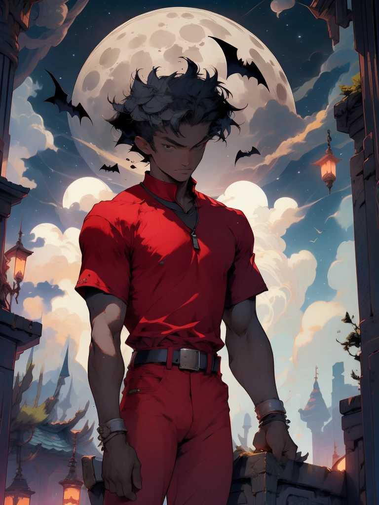 moon, full moon, bat, night, solo, 1boy, male focus, sky, red shirt, bird, dark skin, night sky, graveyard, red pants, moonlight, belt, cloud