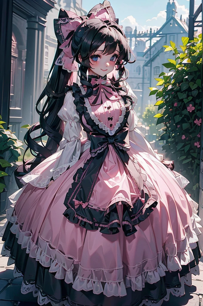 (((beautiful))), (((Gothic ta, dress, Gothic Loli), ((Black Hair, ponytail, Pink ribbon)), (((Intricate details))), High resolution, ((Intricate details, Ultra-detailed)), whole body, Are standing, looking at the camera, Red cheeks, smile, garden