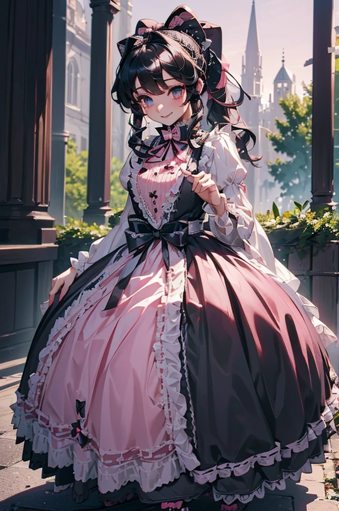 (((beautiful))), (((Gothic Lolita, dress, Gothic Lolita))), ((Black Hair, ponytail, Pink ribbon)), (((Intricate details))), High resolution, ((Intricate details, Ultra-detailed)), whole body, Are standing, looking at the camera, Red cheeks, smile, garden
