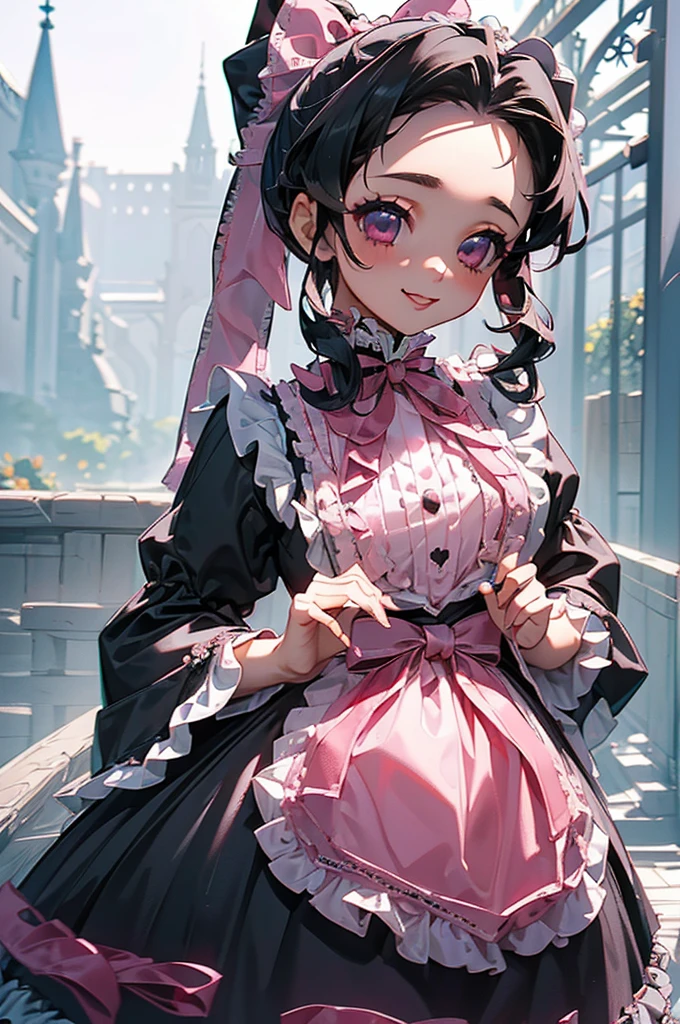 (((beautiful))), (((Gothic Lolita, dress, Gothic Lolita))), ((Black Hair, ponytail, Pink ribbon)), (((Intricate details))), High resolution, ((Intricate details, Ultra-detailed)), whole body, Are standing, Facing forward, Red cheeks, garden