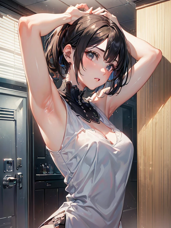 nsfw,1girl,18yo,perfect hands, perfect finger,perfect anatomy, masterpiece, best quality,realistic, hyperrealistic, 16k hdr,, aamii, short hair, black hair, blue eyes, glasses, (no bra,no panty, T-shirt,denim mini skirt:1.2),(lift up T-shirt),outdoor, from below,(sweat:1.3),(red blush, smile),small breasts,necklace,(leaning forward,squatin:1.2,pubic hair:1.3),(wink),(peace sign:1.3),