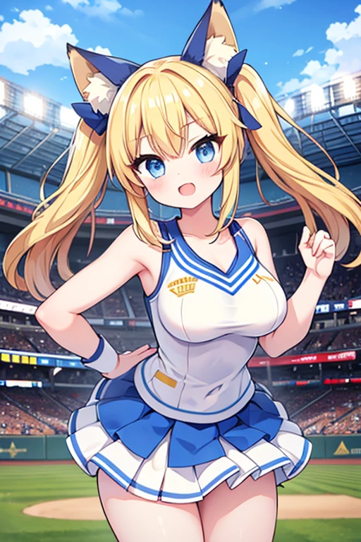 Highest quality,masterpiece,Blonde with blue eyes、Cheerleader、foxpose,foxtail,foxear,(BaseballStadium1.1),Beautiful breasts、Twin tails、Girl&#39;s cute eyes,,jumping,under boob,enjoy,