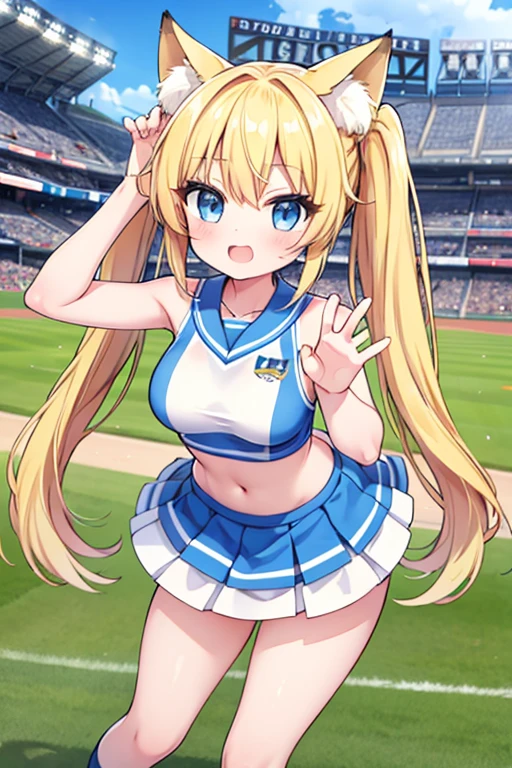 Highest quality,masterpiece,Blonde with blue eyes、Cheerleader、foxpose,foxtail,foxear,(BaseballStadium1.1),Beautiful breasts、Twin tails、Girl&#39;s cute eyes,,jumping,under boob,enjoy,