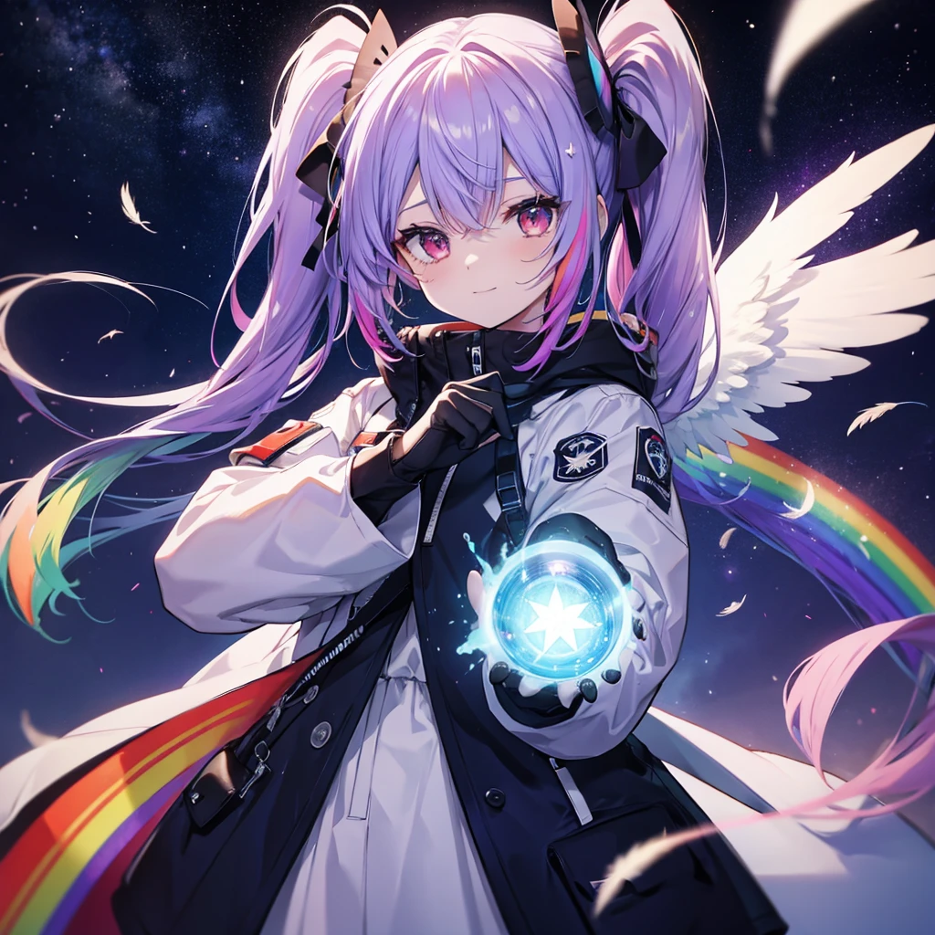 ((Archangel Fantasy Rainbow Hair Make your hair rainbow-colored on the inside Twin tails Dull red eyes Has a galaxy uniform Put on a coat without putting your arms through it Wings many times larger than mine rainbow gradient feathers Lonely Smiling Kindly front)) ((tears gloves)) (Broken glass Rolling Pebbles Distorted Space-Time star) Catch the wind milky way Shining Background Particles of light, rainbow colored edges star