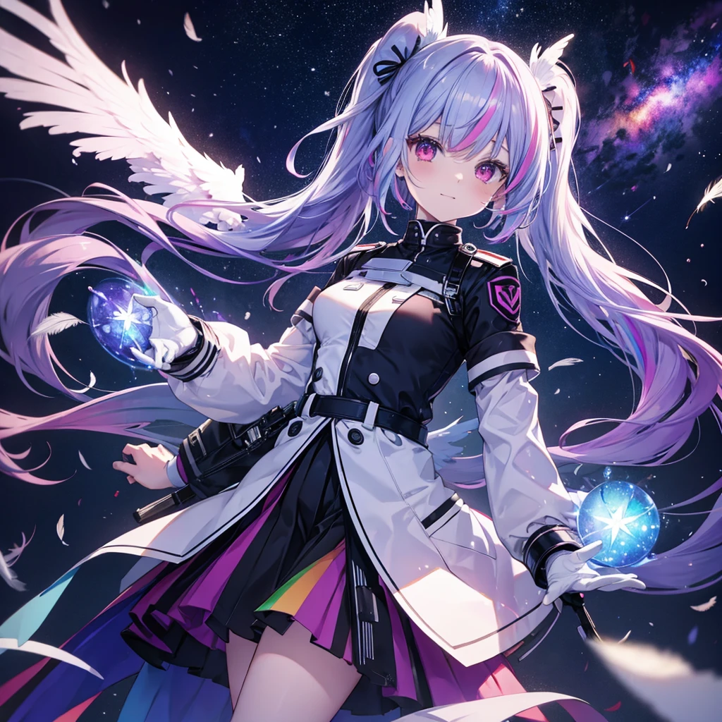 ((Archangel　Fantasy　Rainbow Hair　Make your hair rainbow-colored on the inside　Twin tails　Dull red eyes　Has a galaxy　uniform　Put on a coat without putting your arms through it　Wings many times larger than mine　rainbow gradient feathers　Lonely　Smiling Kindly　front))　((tears　gloves))　(Broken glass　Rolling Pebbles　Distorted Space-Time　star)　Catch the wind　milky way　Shining Background　Particles of light, rainbow colored edges　star