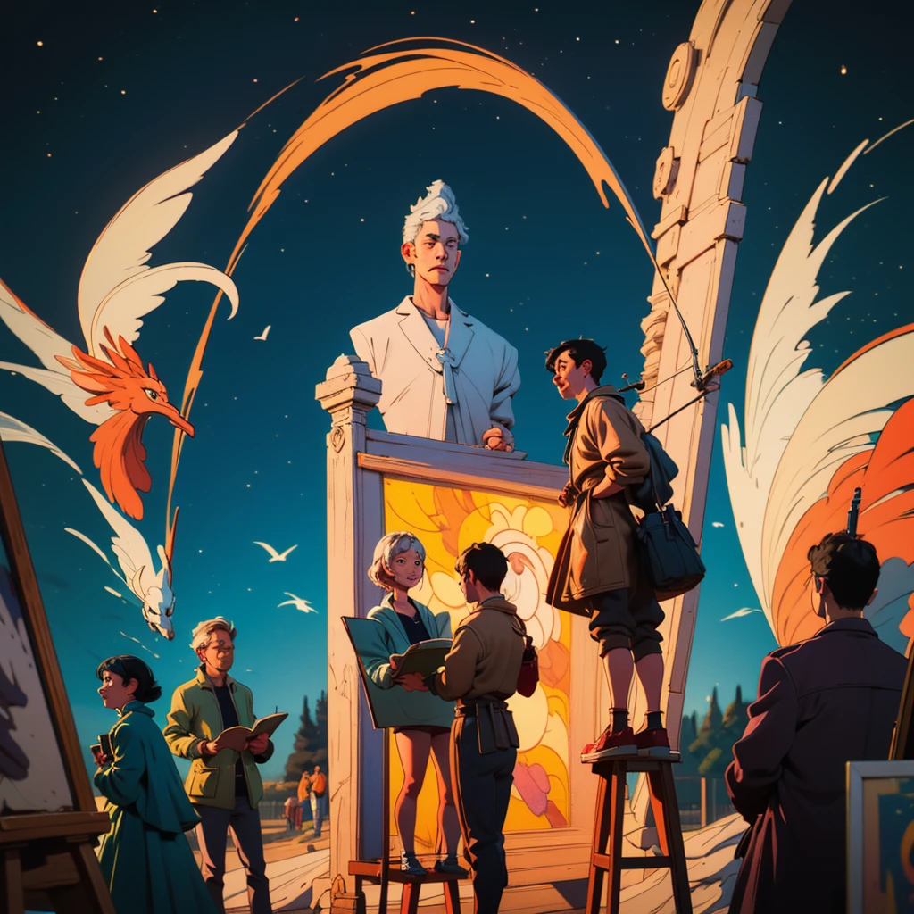 2D stylized image of artists at a park, adults, grown people. reading, writing, painting, creating sculptures, friends, fun, inspirational, masterpiece, seen from above, many diverse people, different races and styles, fantastical looking, bird eye view, playing with fire, starry night, magical, making art, painting together, canvases, 4 people