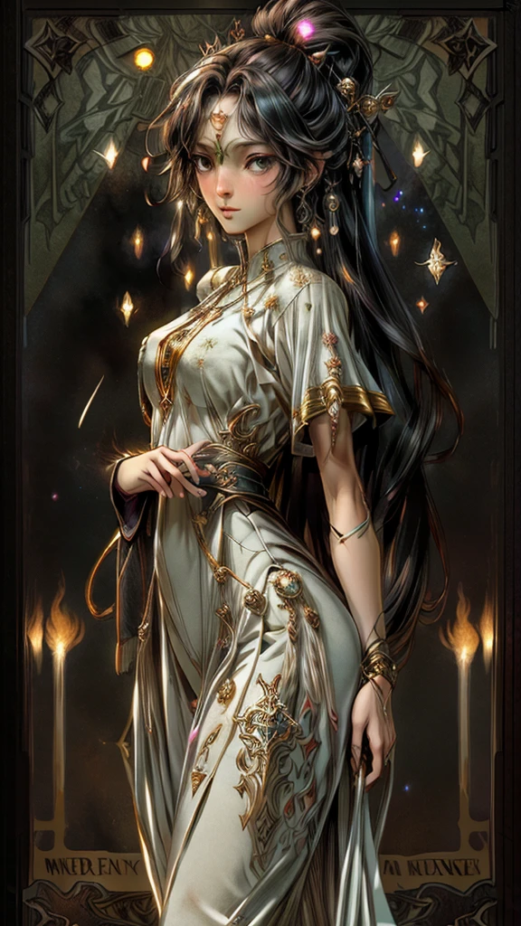 "A powerful woman stands confidently, embodying the essence of the Tarot card 'The Star.' She exudes a cool aura, with her eyes leaving behind a trail of afterglow. The background is filled with stars, symbolizing hope and guidance."