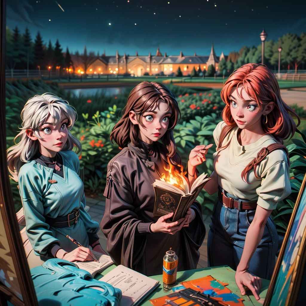 2D stylized image of artists at a park, adults, grown people. reading, writing, painting, creating sculptures, friends, fun, inspirational, masterpiece, seen from above, many diverse people, different races and styles, fantastical looking, bird eye view, playing with fire, starry night, magical, making art, painting together, canvases, 4 people