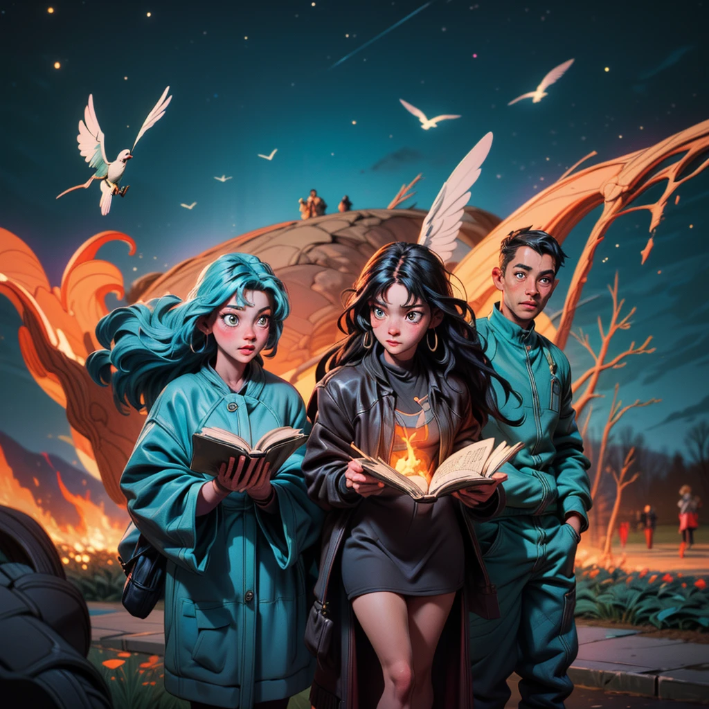 2D stylized image of artists at a park, adults, grown people. reading, writing, painting, creating sculptures, friends, fun, inspirational, masterpiece, seen from above, many diverse people, different races and styles, fantastical looking, bird eye view, playing with fire, starry night, magical, making art, painting together, canvases, 4 people