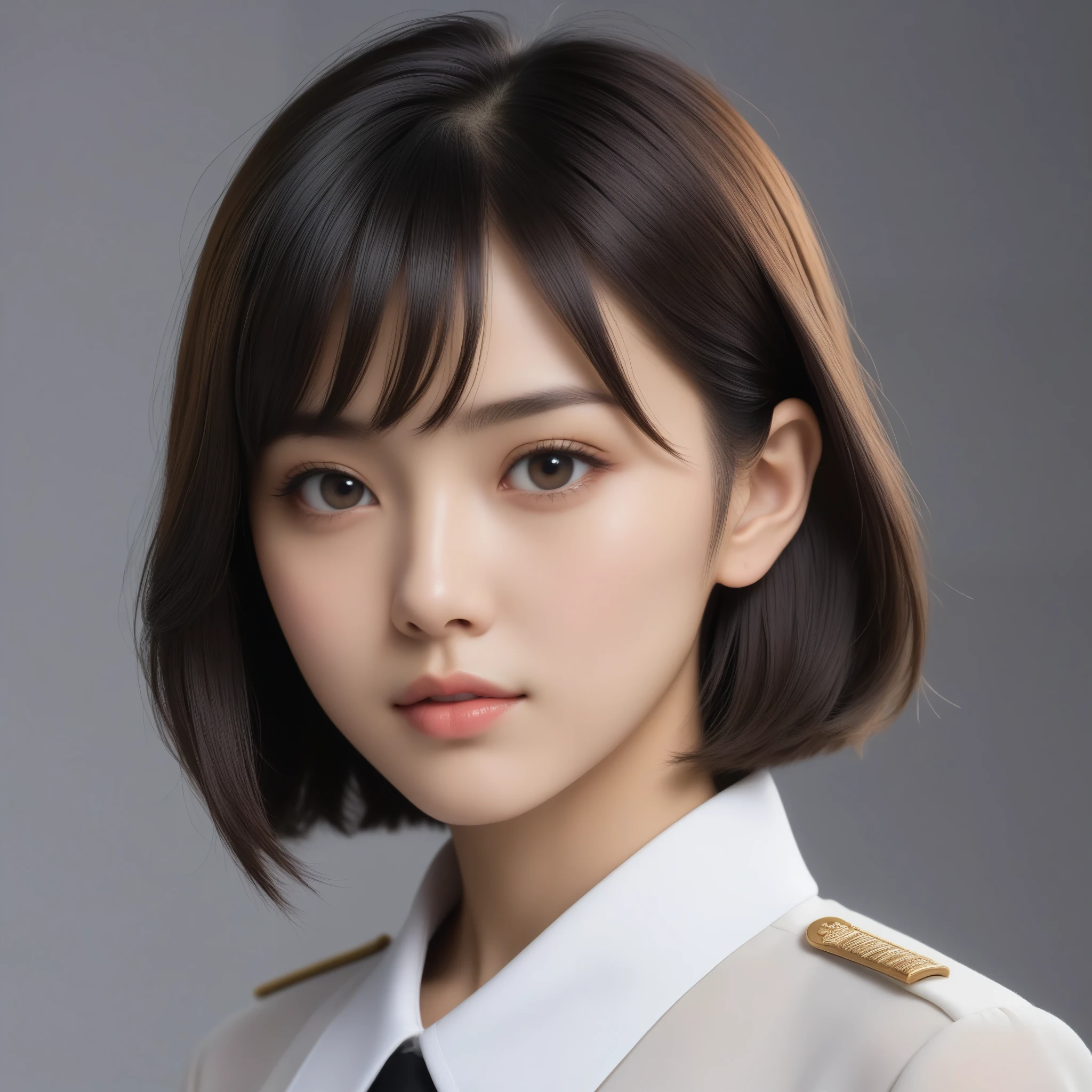 8k, Ultra-high resolution, Highest quality, masterpiece, 三分割法によるphotograph,Surreal, photograph, 1 Girl, (:1.3), pretty girl, Cute Face, Beautiful eyes in every detail, 細かくdetailedに,masterpiece,One Girl:1.2,Japanese female officer,Superior non-commissioned officer,extream close up,Serious expression,Black short hair,Bob with bangs, (The finest ceremonial attire:1.3),Pencil Skirt,Sharp contours,Looking down,Gray background, Light from above, Low contrast, (Side view),Perfect and beautiful face ,完璧でCute Face, Skin with attention to detail, Perfect limbs、Narrow waist,Looking at the audience,(((Ideal body type))),A cup small breasts :2,Portraiture:2,Perfect Anatomy,鮮明なdetailed,detailed,Surreal,Light and shadow,glowing