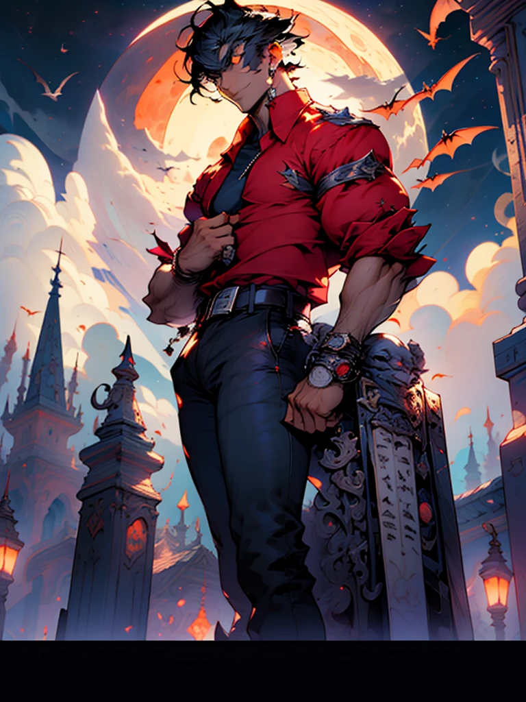 moon, full moon, bat, night, solo, 1boy, male focus, sky, red shirt, bird, dark skin, night sky, graveyard, red pants, moonlight, belt, cloud