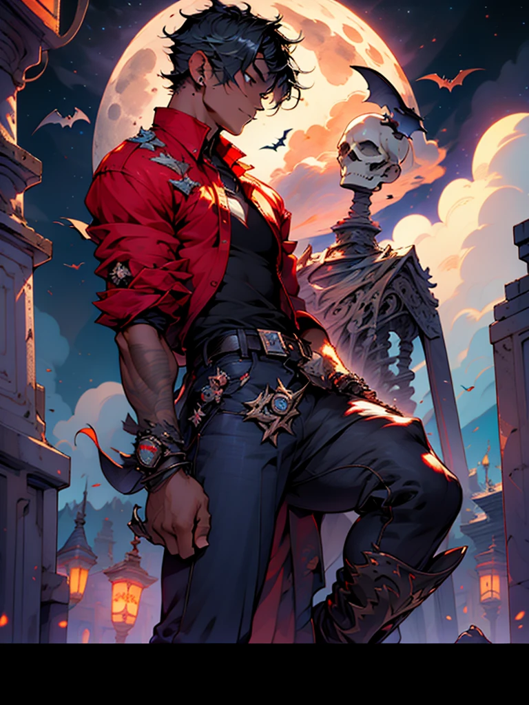 moon, full moon, bat, night, solo, 1boy, male focus, sky, red shirt, bird, dark skin, night sky, graveyard, red pants, moonlight, belt, cloud