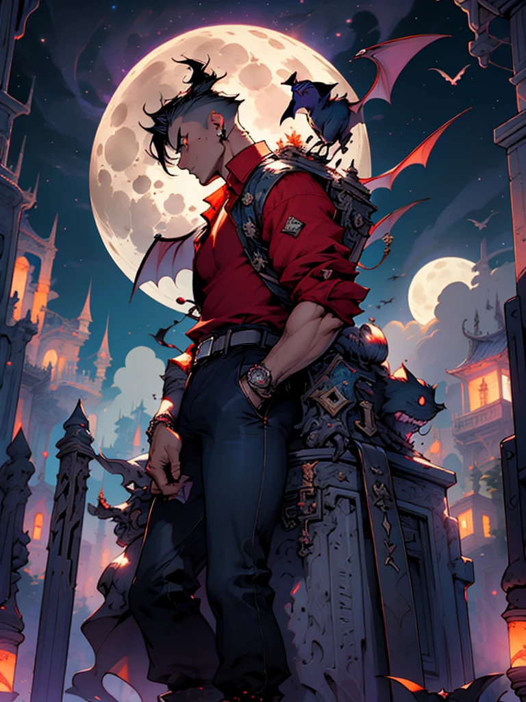 moon, full moon, bat, night, solo, 1boy, male focus, sky, red shirt, bird, dark skin, night sky, graveyard, red pants, moonlight, belt, cloud