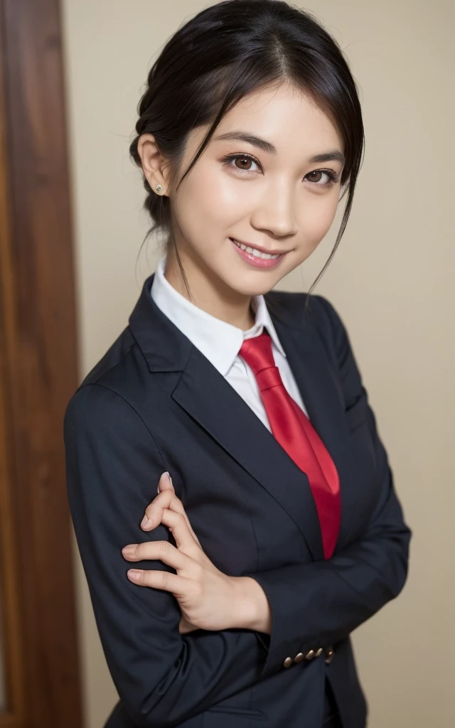 girl, Hyper Realistic, masterpiece, smile, portrait, bobhair, skirt suit, dress shirt, red necktie, blazer, bodycon miniskirt, pencil skirt, tights, pantyhose