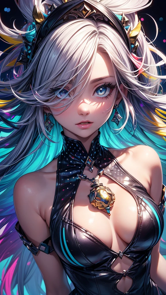 (((masterpiece))),(((Highest quality))),((Very detailed)),(figure),(Dynamic Angle), ((floating)),(paint),((Disheveled Hair)), (alone),(One girl), ((Mid-chest)), (((Detailed anima face))),((Beautifully detailed face)),collar,Exposing shoulders, Gray Hair, ((Colorful Hair)),((Striped Hair)), Beautiful attention to detail,(Gradient color eyes),(((Colorful eyes))), (((Colorful background))),(((High saturation))),(((Surrounded by colorful splashes))),(((Surrounded by colorful dots))),Colorful Bubbles,((The Shining))