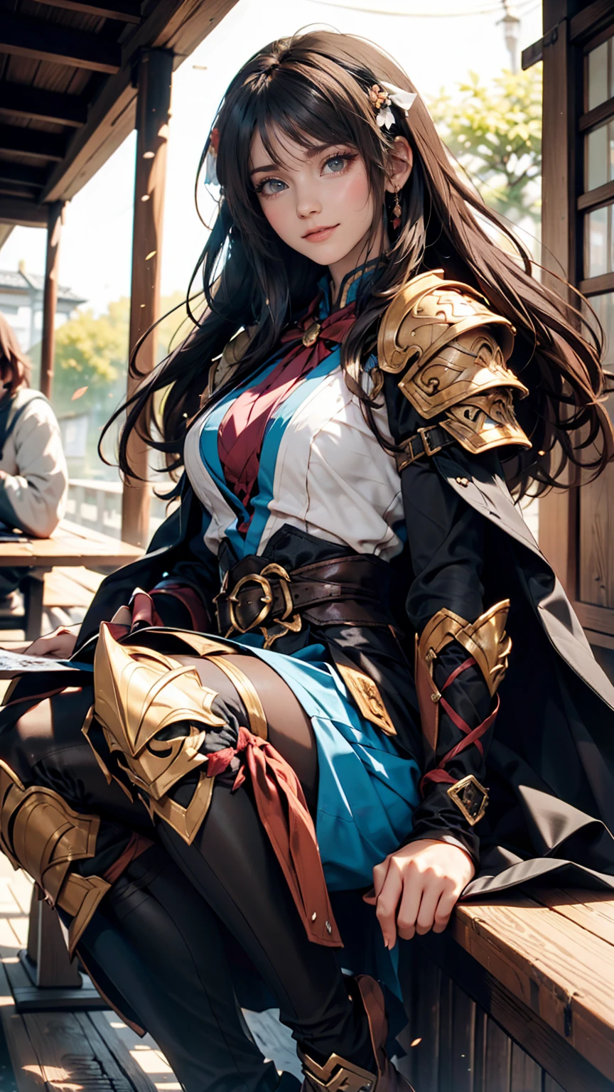 art：your feet, Teenage girl in black knight armor, Angry smile, Kyoto Animation style from the 2010s, 公式art, ((((Black Hair)), Haruhi Suzumiya&#39;s Eyes, Haruhi Suzumiya&#39;s Face)), Beautiful symmetrical face, ponytail, In a medieval European castle on an autumn day, Fantasy, alone, alone, 8k, Haruhi Suzumiya's pose