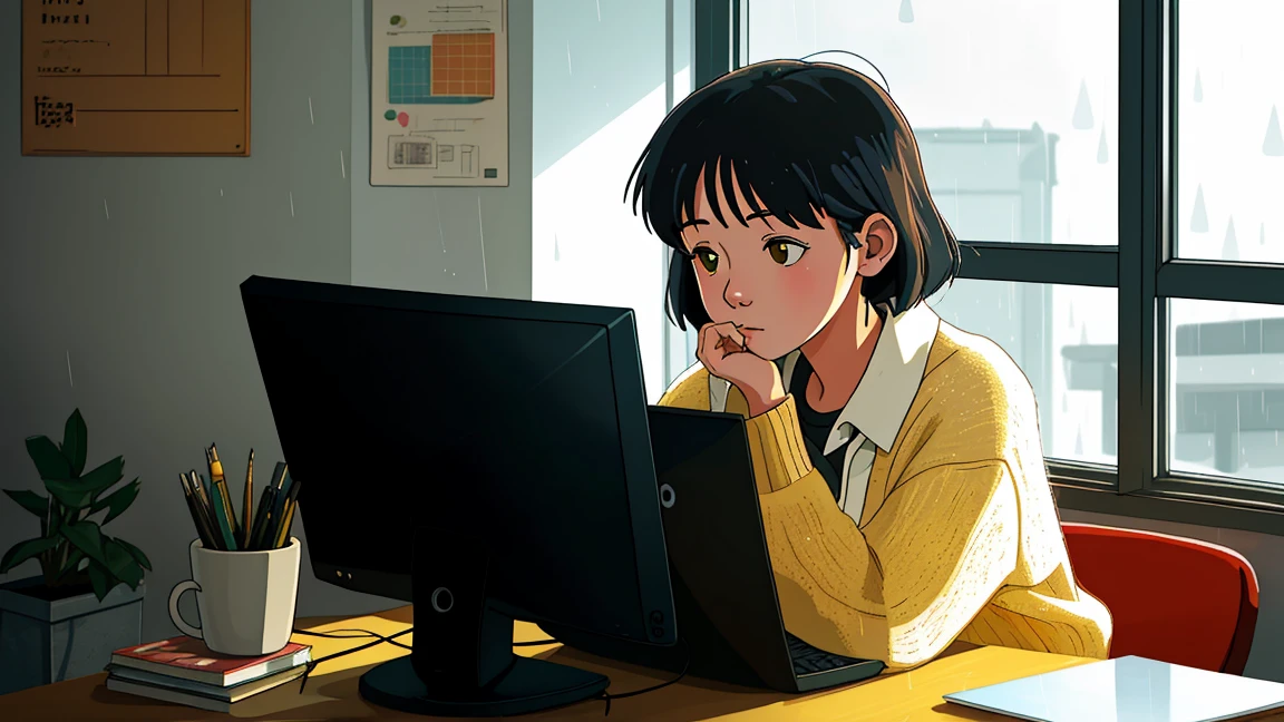 a girl in lofi style at a table with a computer facing a window studying, it&#39;s raining, It&#39;s 5 o&#39;clock in the morning, a mug of coffee next to the computer, she is wearing warm clothes in cold weather, socks and cold cap, a cute cat next to her while she studies, relaxing environment , yellow lights, calm and great environment for studying, calm and peaceful rain, lofi girl style, night ligthning, tons of cores with twilight, do Studio Ghibli