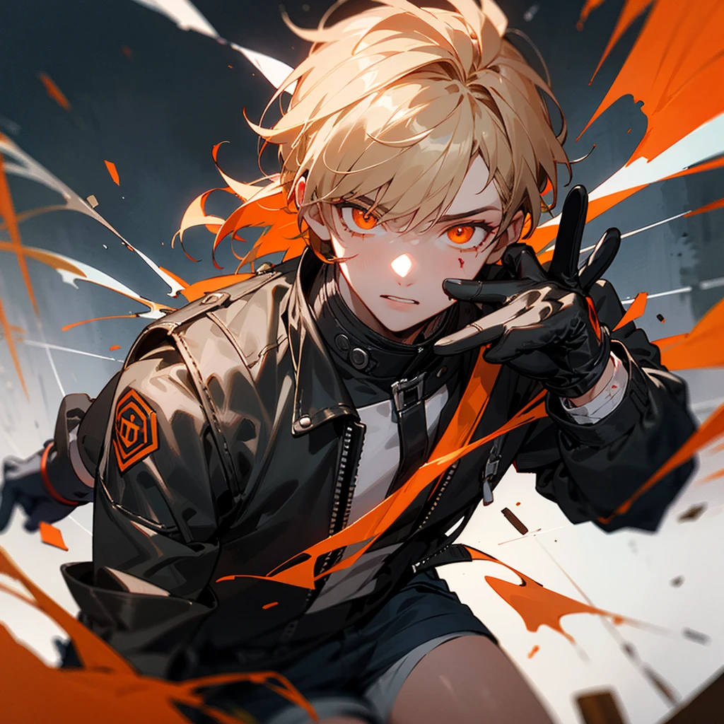 ((best quality)), ((masterpiece)), (detailed), man 1, Club DJ/ young/ man/ looks difficult/ very injured/ covered in blood/ orange eyes/ black leather jacket/ orange decoration, wearing black gloves