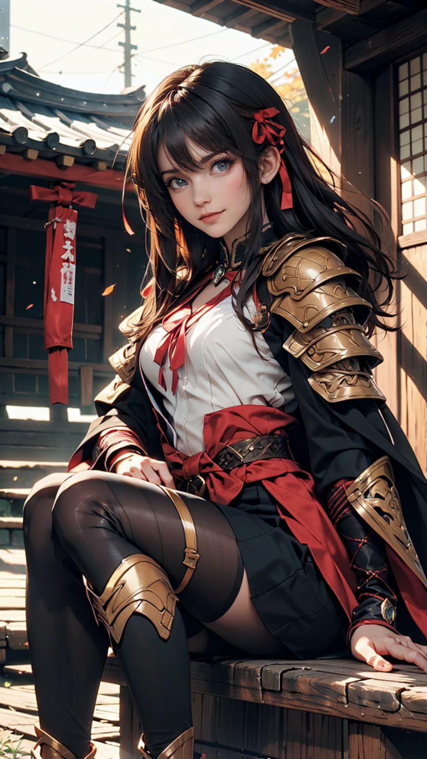 art:your feet, Teenage girl in black knight armor, Angry smile, Kyoto Animation style from the 2010s, 公式art, ((((Black Hair)), Haruhi Suzumiya's Eyes, Haruhi Suzumiya's Face)), Beautiful symmetrical face, ponytail, In a medieval European castle on an autumn day, Fantasy, alone, alone, 8k, Haruhi Suzumiya's pose