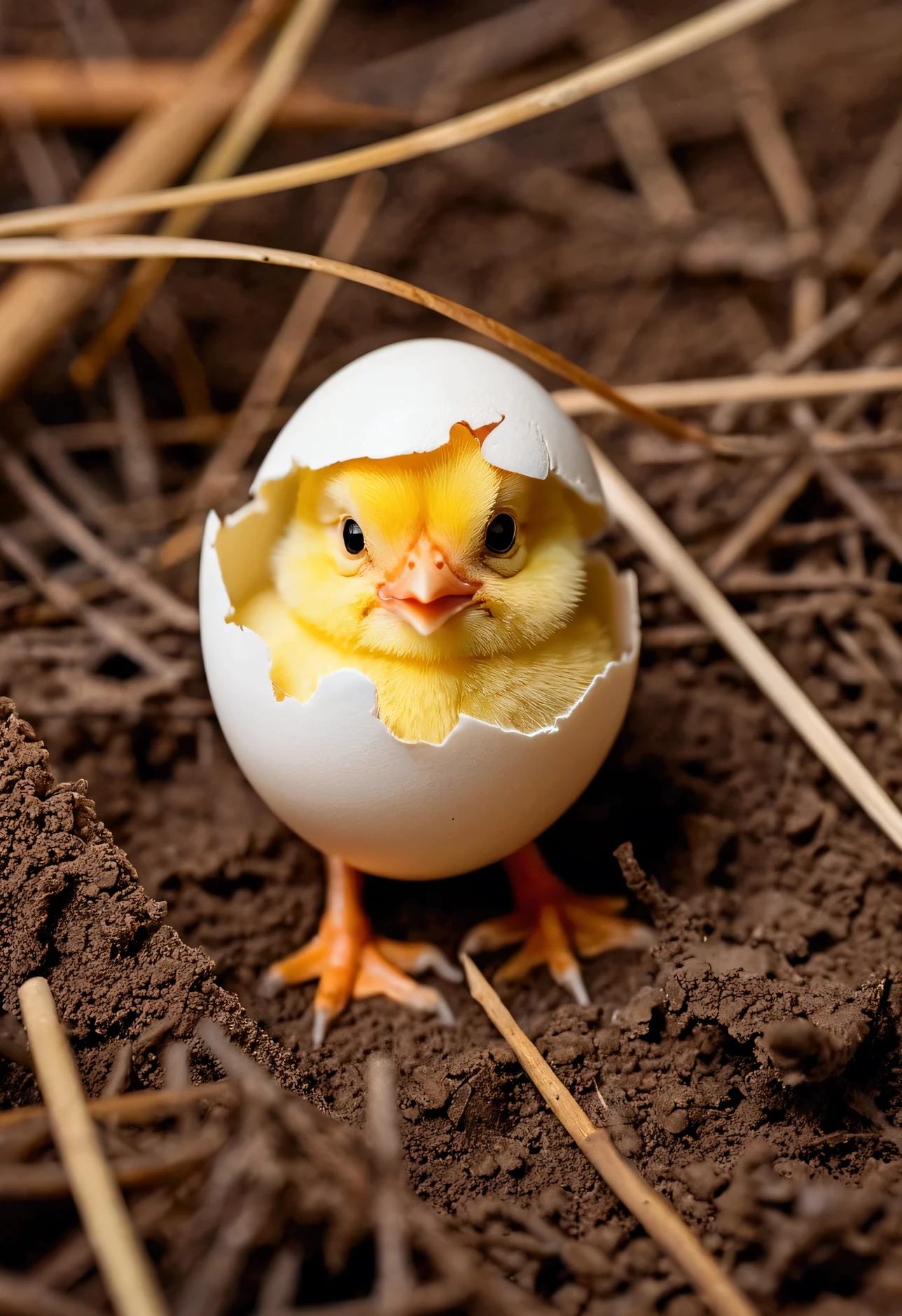 There is an egg standing on the ground，The eggshell above is half broken，Inside the eggshell, a cute little chick raised its head and poked its head out.，And he has a small piece of eggshell on his head，Emphasize every detail in a natural and artistic way."