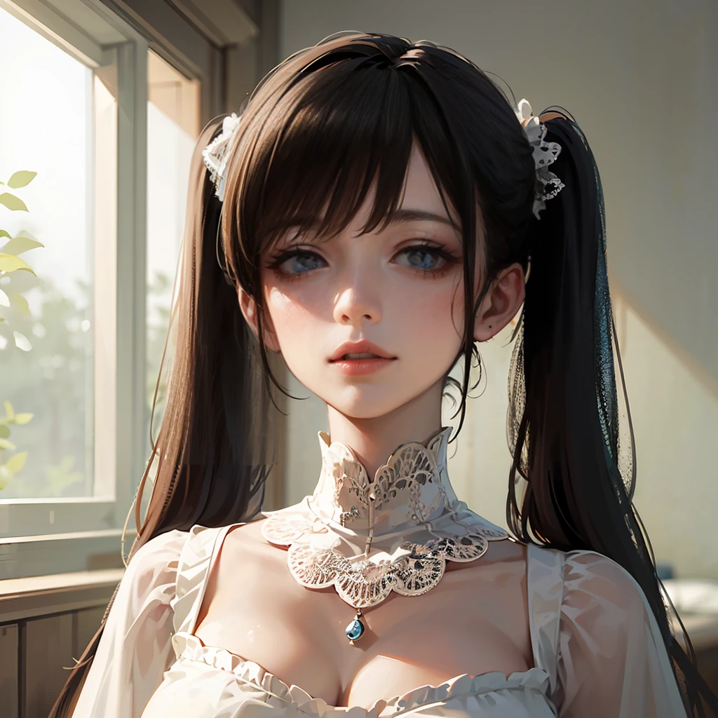 masterpiece, Best Quality, Very delicate and beautiful, Ultra-high resolution, 8k, 3d, Girl Like a Doll, cute,
highly detailed dress, Twin tails, trimmed bangs, Transparent white skin, large, round eyes, Thin lips, round face, look up, Upper Body, Looking at the camera, The best light, Perfect composition,