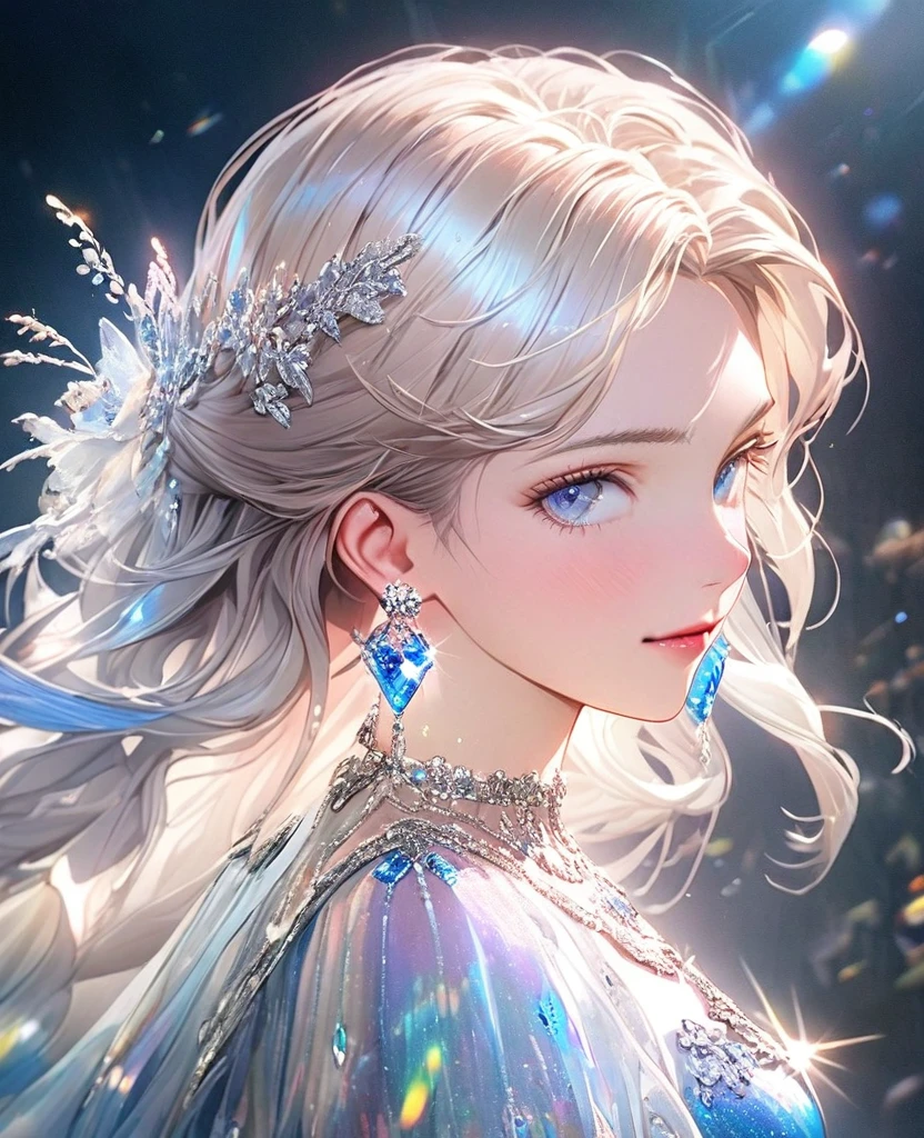 8K,gal,an extremely delicate and　beautiful,Beautiful and realistic skin,Shiny jewel-like earrings,Shine like glitter long greige hair,beautiful blue eyes,full body,Clothes are transparent,head shot