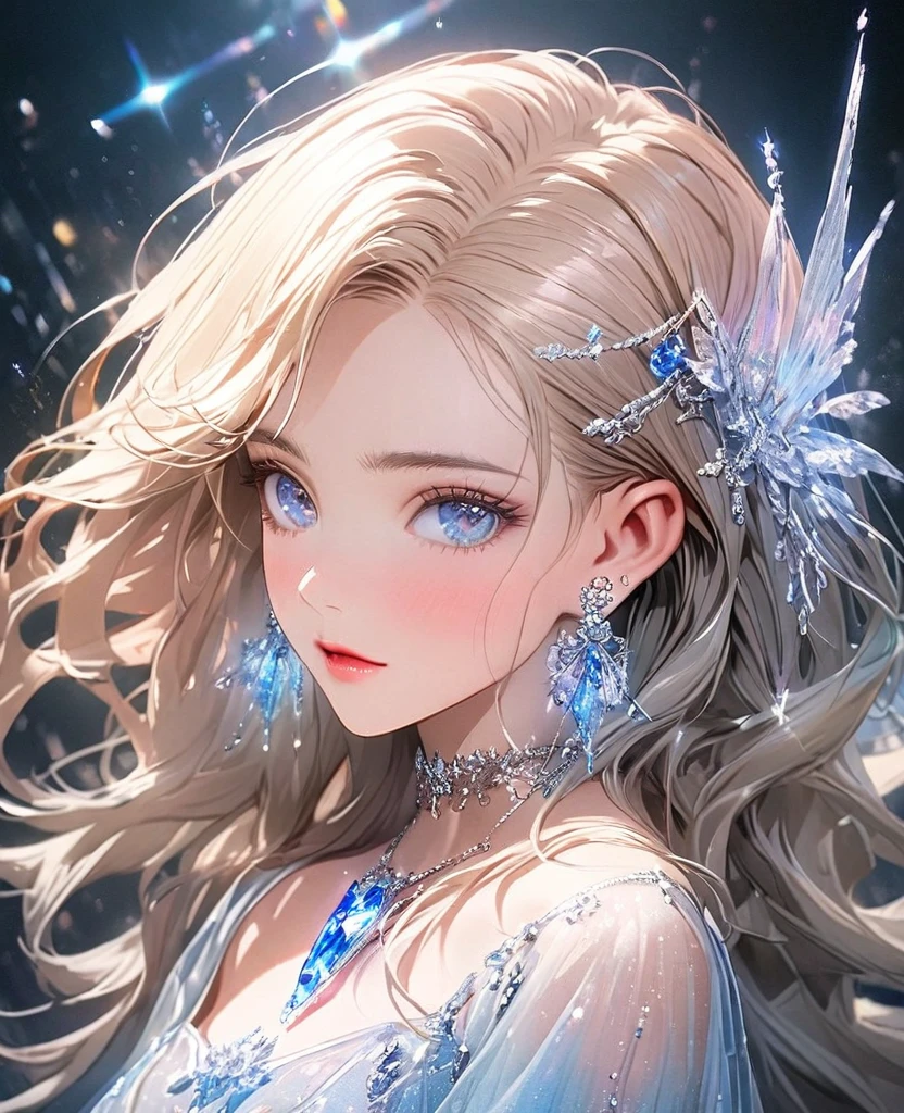 8K,gal,an extremely delicate and beautiful,Beautiful and realistic skin,Shiny jewel-like earrings,Shine like glitter long greige hair,beautiful blue eyes,full body,Clothes are transparent,head shot