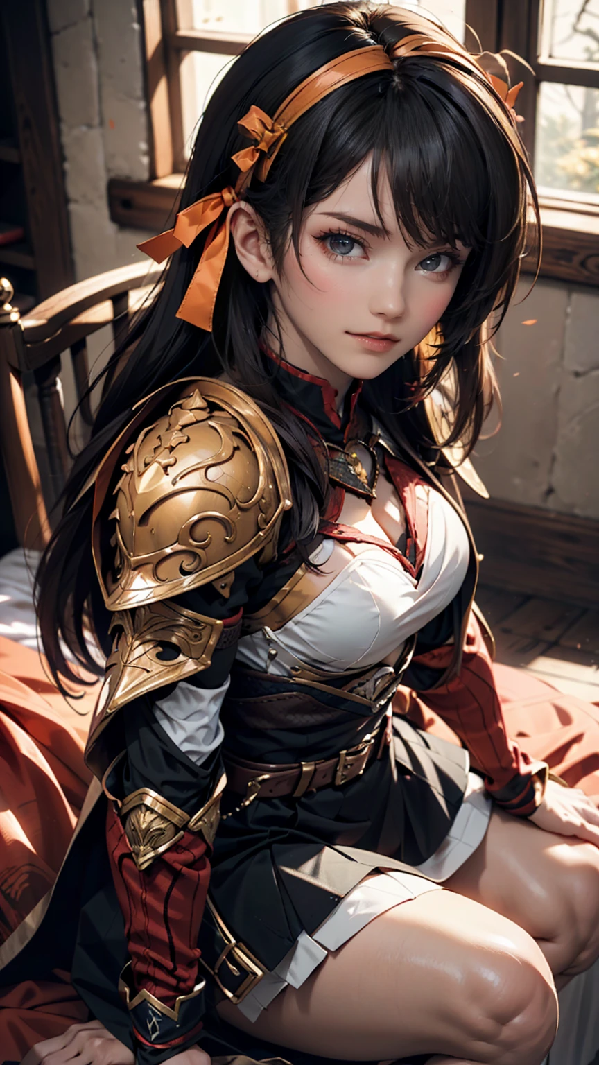 art:your feet, age girl in black knight armor, Angry smile, Kyoto Animation style from the 2010s, 公式art, ((((Black Hair)), Haruhi Suzumiya's Eyes, Haruhi Suzumiya's Face)), Beautiful symmetrical face, ponytail, In a medieval European castle on an autumn day, Fantasy, alone, alone, 8k, Haruhi Suzumiya's pose