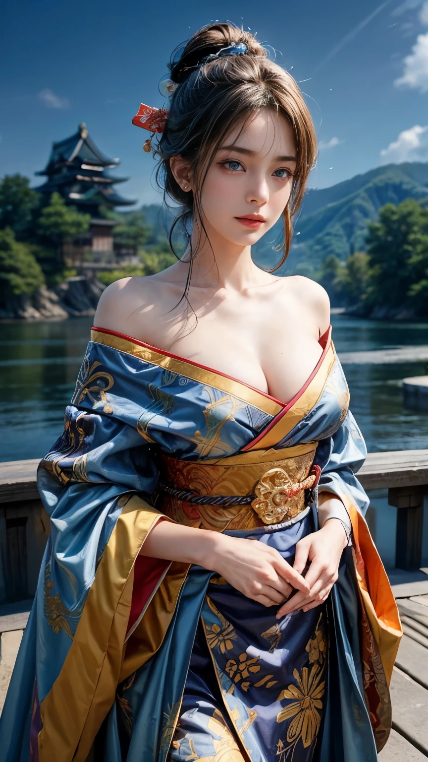 (RAW shooting, Photorealistic:1.5, 8k, Highest quality, masterpiece, Ultra-high resolution), sengoku, Perfect dynamic composition:1.2, mysterious:1.3, Highly detailed skin and facial textures:1.3, Stand on the upper level、A slender female samurai holding a sword:1.1, beautifully、aesthetic:1.2, Cute and sexy beauty, Perfect Style, Wear an exquisite ring, fire, water, Wind, thunder, ice, Fair skin, Very beautiful face, (Mid-chest, Chest gap), (Embarrassed smile, Her facial expression when she felt intense caressing, Facial expressions when feeling happy), (Wear Sexy Sengoku:1.1, Off the shoulder), (Beautiful Blue Eyes, Beautiful erotic eyes:0.8), (Too erotic:0.9, Fascinating:0.9), Full Body Shot, Japanese castle in the background