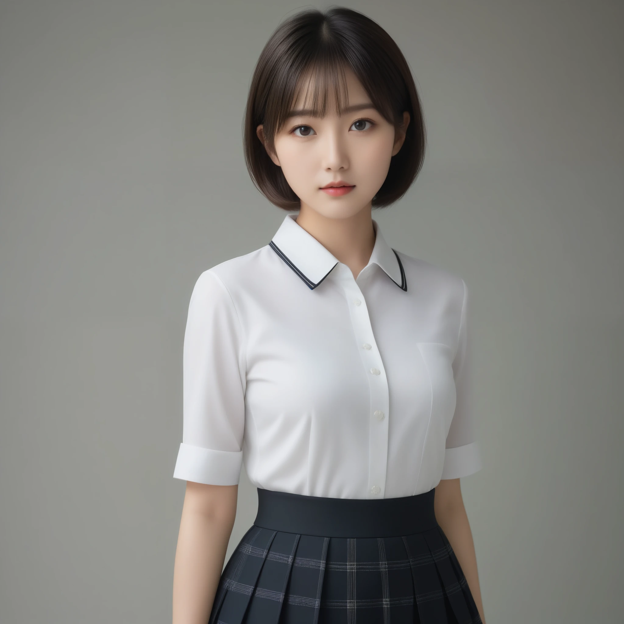 8k, Ultra-high resolution, Highest quality, masterpiece, 三分割法によるphotograph,Surreal, photograph, 1 Girl, (16 years old:1.3), pretty girl, Cute Face, Beautiful eyes in every detail, 細かくdetailedに,masterpiece,One Girl:1.2,Japanese female officer,Superior non-commissioned officer,extream close up,Serious expression,Black short hair,Bob with bangs, (The finest ceremonial attire:1.3),Pencil Skirt,Sharp contours,Looking down,Gray background, Light from above, Low contrast, (Side view),Perfect and beautiful face ,完璧でCute Face, Skin with attention to detail, Perfect limbs、Narrow waist,Looking at the audience,(((Ideal body type))),A cup small breasts :2,Portraiture:2,Perfect Anatomy,鮮明なdetailed,detailed,Surreal,Light and shadow,glowing