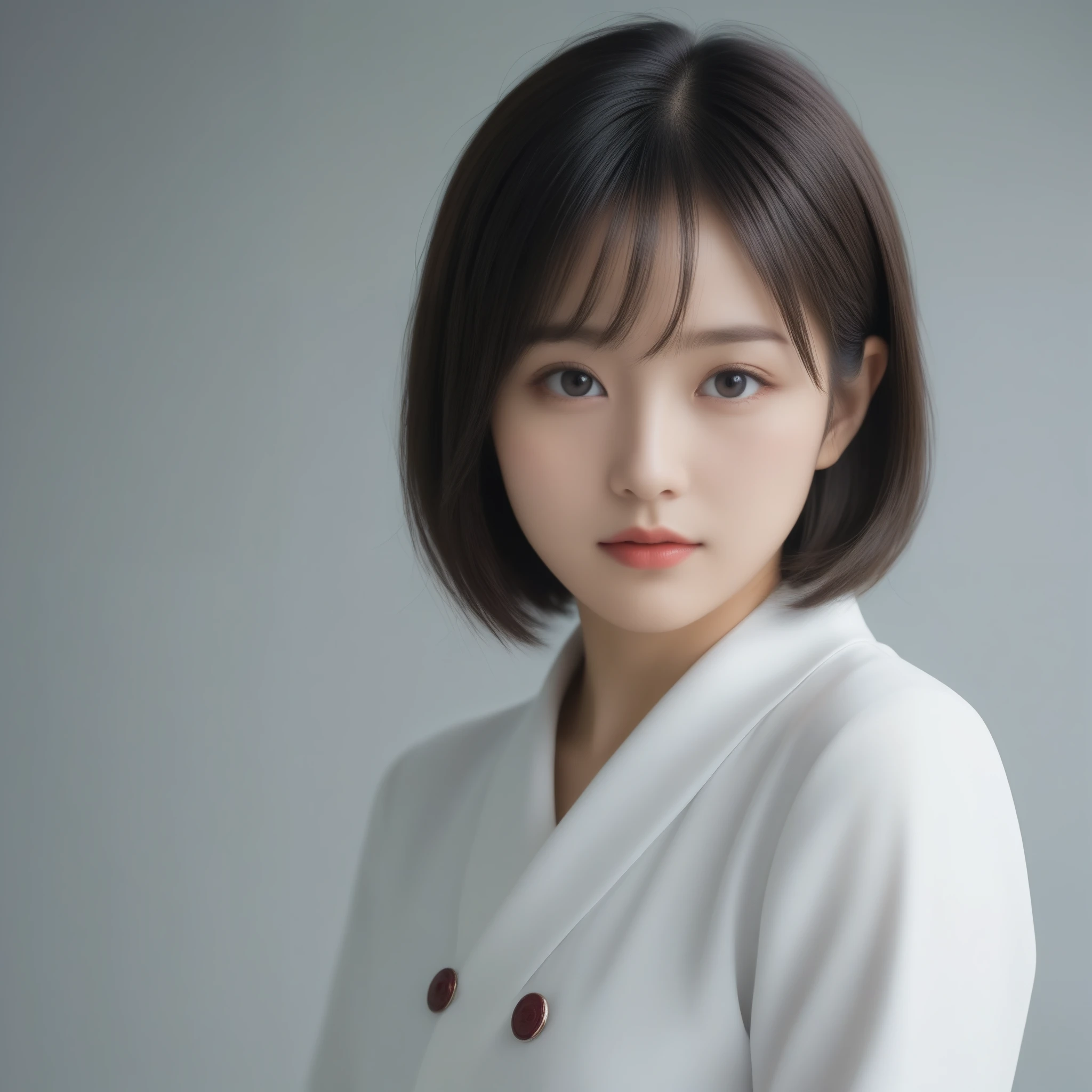 8k, Ultra-high resolution, Highest quality, masterpiece, 三分割法によるphotograph,Surreal, photograph, 1 Girl, (16 years old:1.3), pretty girl, Cute Face, Beautiful eyes in every detail, 細かくdetailedに,masterpiece,One Girl:1.2,Japanese female officer,Superior non-commissioned officer,extream close up,Serious expression,Black short hair,Bob with bangs, (The finest ceremonial attire:1.3),Pencil Skirt,Sharp contours,Looking down,Gray background, Light from above, Low contrast, (Side view),Perfect and beautiful face ,完璧でCute Face, Skin with attention to detail, Perfect limbs、Narrow waist,Looking at the audience,(((Ideal body type))),A cup small breasts :2,Portraiture:2,Perfect Anatomy,鮮明なdetailed,detailed,Surreal,Light and shadow,glowing